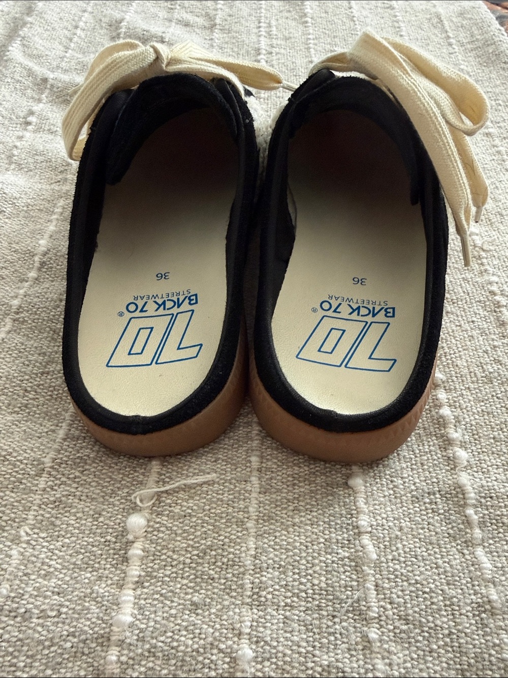 Black Slip-On Mule Sneakers with Cream Ribbon Laces - Picture 2 of 5